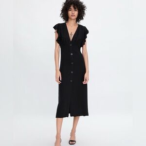 Zara Fillsens Black Satin Midi Dress With Ruffles Size Medium NWT